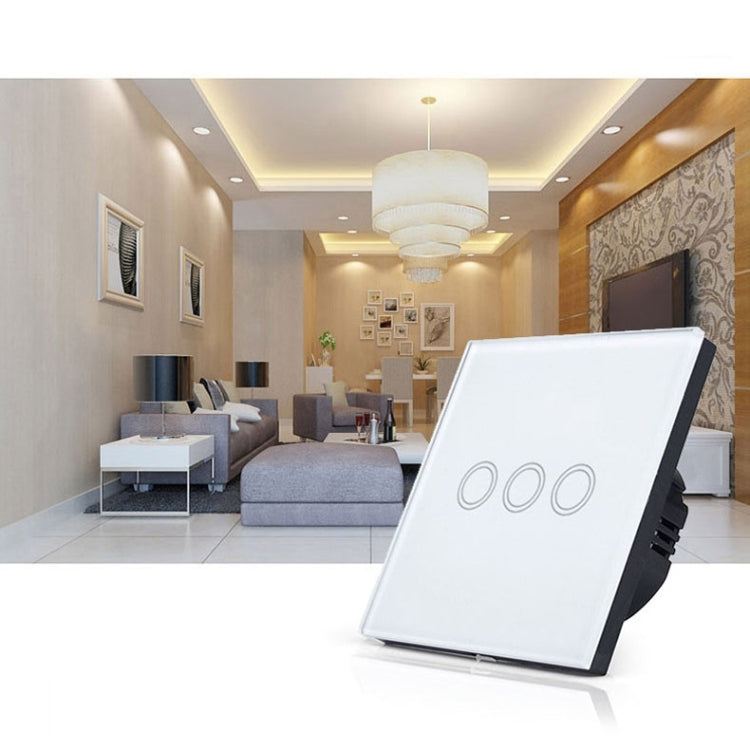 86mm 3 Gang Tempered Glass Panel Wall Switch Smart Home Light Touch Switch with RF433 Remote Controller, AC 110V-240V