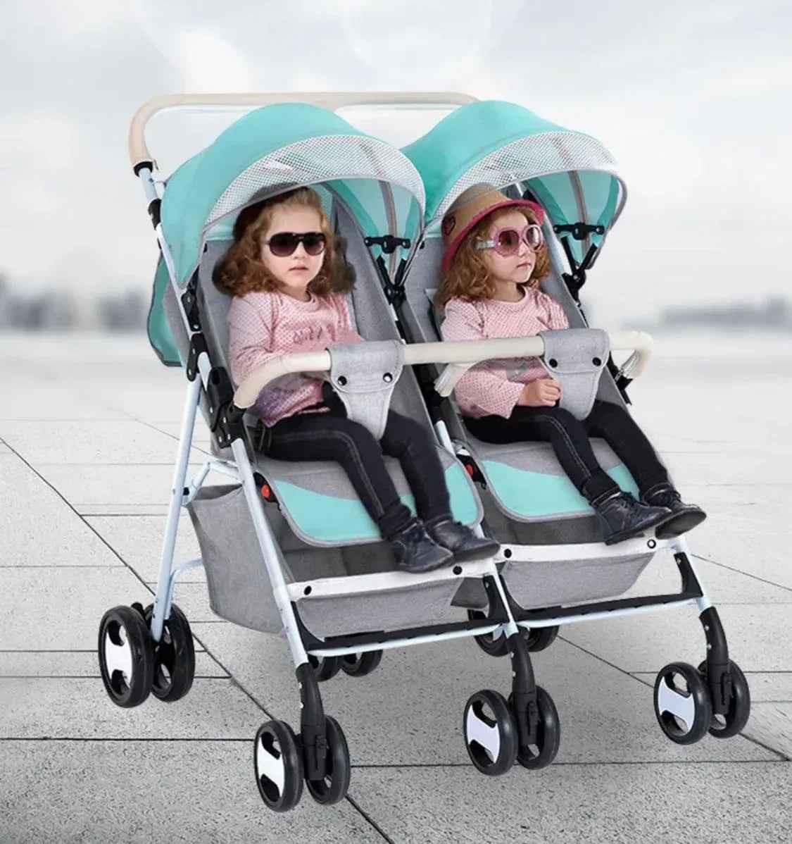 Black 2-Way Folding Compact Double / Twin Stroller + Rain Cover