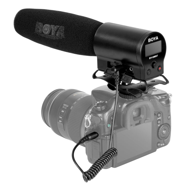 BOYA BY-DMR7 Shotgun Condenser Broadcast Microphone with LCD Display & Integrated Flash Recorder for Canon / Nikon / Sony DSLR Cameras and Video Cameras