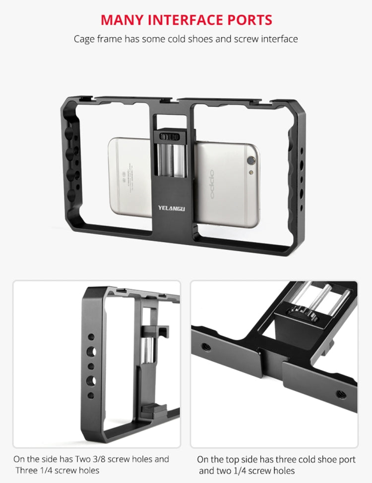 YELANGU  PC06 YLG0909A Vlogging Live Broadcast Smartphone Metal Cage Video Rig Filmmaking Recording Handle Stabilizer Bracket for iPhone, Galaxy, Huawei, Xiaomi, HTC, LG, Google, and Other Smartphones