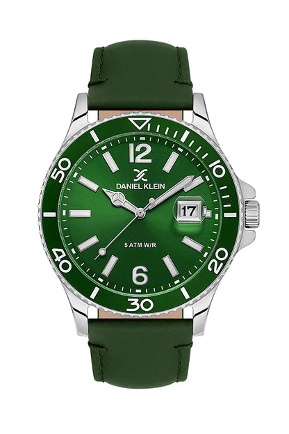 Daniel Klein Premium Date Window Green Dial and Genuine Leather Strap Silver Watch - DK.1.13905-3 Kiwi Watches