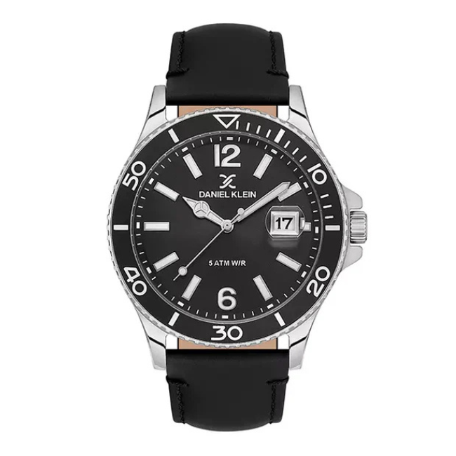 Daniel Klein Premium Date Window Black Dial and Genuine Leather Strap Silver Watch - DK.1.13905-1 Kiwi Watches