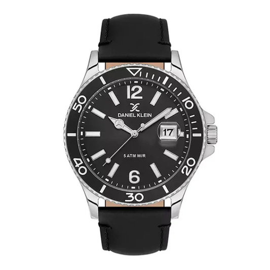 Daniel Klein Premium Date Window Black Dial and Genuine Leather Strap Silver Watch - DK.1.13905-1 Kiwi Watches