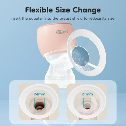 Breast pump adapter with size change feature on a blue background