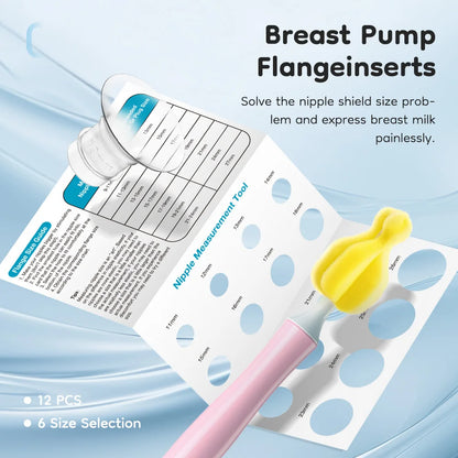 Breast pump flange inserts with measurement tool and nipple shield on a light blue background