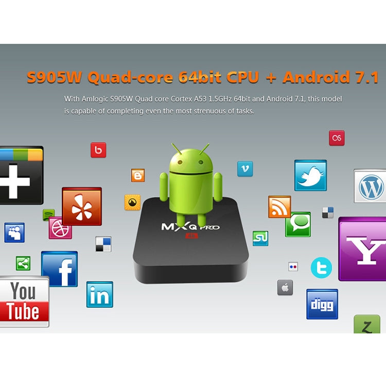 MXQ PROi 1080P 4K HD Smart TV BOX with Remote Controller, Android 7.1 S905W Quad Core Cortex-A53 Up to 2GHz, RAM: 2GB, ROM: 16GB, Support WiFi, UK Plug