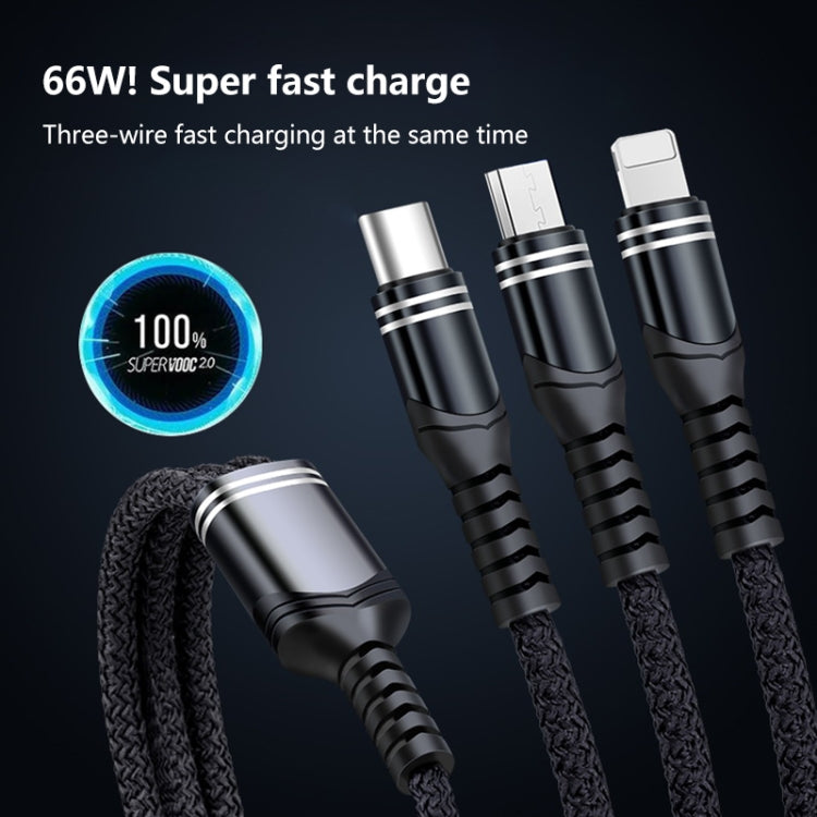 6A 66W 3 in 1 USB to 8 Pin + Micro USB + USB-C / Type-CFast Charging Braided Data Cable