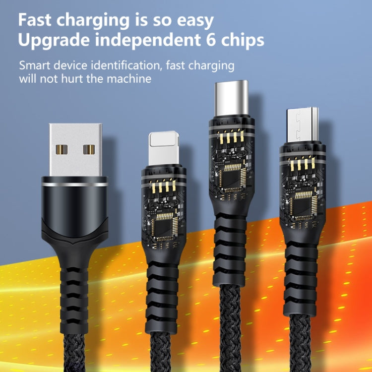 6A 66W 3 in 1 USB to 8 Pin + Micro USB + USB-C / Type-CFast Charging Braided Data Cable
