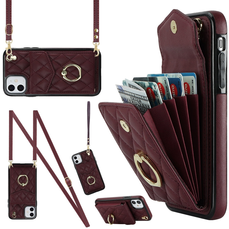 Rhombic Texture Card Bag Phone Case with Long Lanyard
