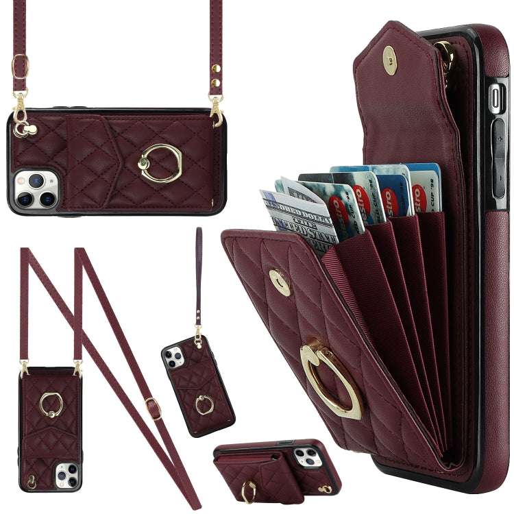 Rhombic Texture Card Bag Phone Case with Long Lanyard
