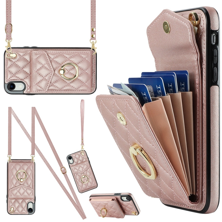 Rhombic Texture Card Bag Phone Case with Long Lanyard