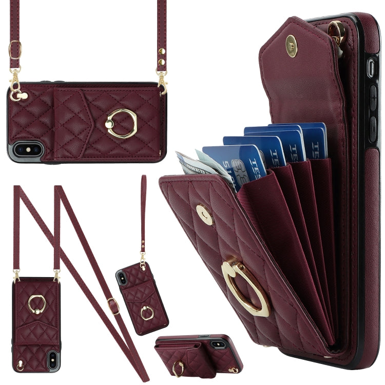 Rhombic Texture Card Bag Phone Case with Long Lanyard