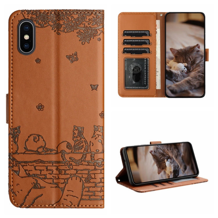 Cat Embossing Pattern Leather Phone Case with Lanyard