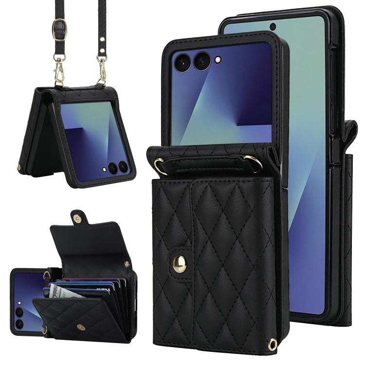 Rhombic Texture Card Bag PU Phone Case with Long Lanyard