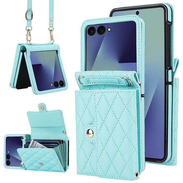 Rhombic Texture Card Bag PU Phone Case with Long Lanyard