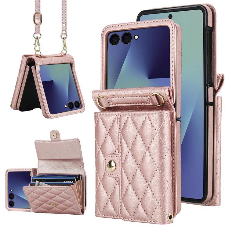 Rhombic Texture Card Bag PU Phone Case with Long Lanyard
