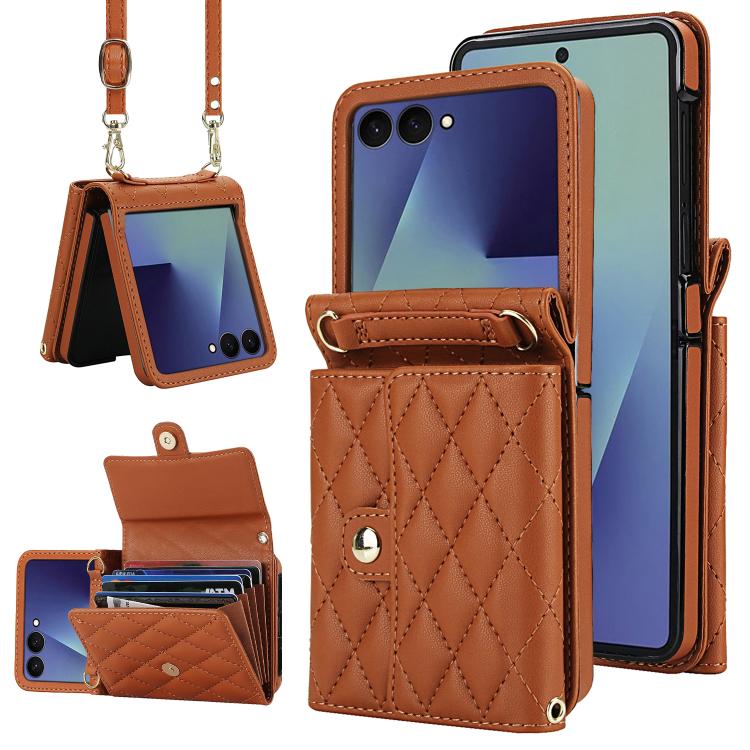 Rhombic Texture Card Bag PU Phone Case with Long Lanyard