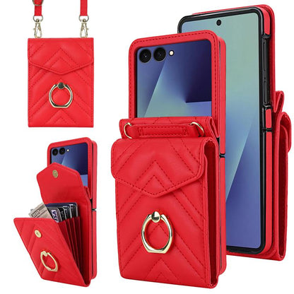 V-shaped RFID Card Slot Phone Case with Ring Holder, For Samsung Galaxy Z Flip7 5G, For Samsung Galaxy Z Flip6 / Flip7 FE, For Samsung Galaxy Z Flip5