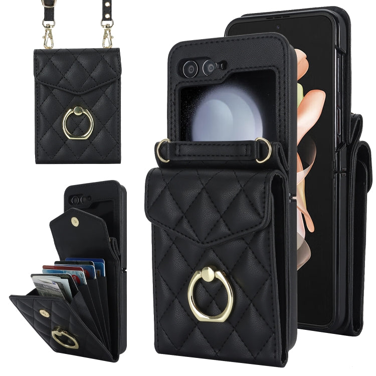 Diamond Lattice RFID Card Slot Phone Case with Ring Holder, For Samsung Galaxy Z Flip7 5G, For Samsung Galaxy Z Flip6 / Flip7 FE, For Samsung Galaxy Z Flip5