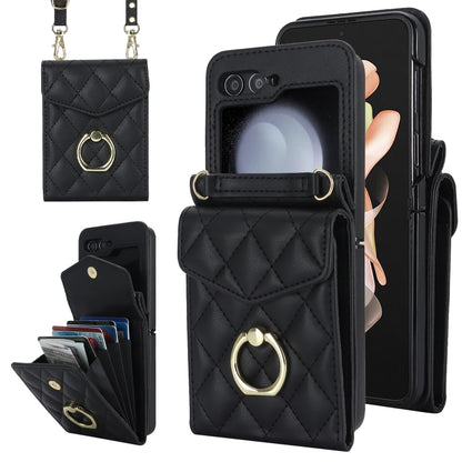 Diamond Lattice RFID Card Slot Phone Case with Ring Holder, For Samsung Galaxy Z Flip7 5G, For Samsung Galaxy Z Flip6 / Flip7 FE, For Samsung Galaxy Z Flip5