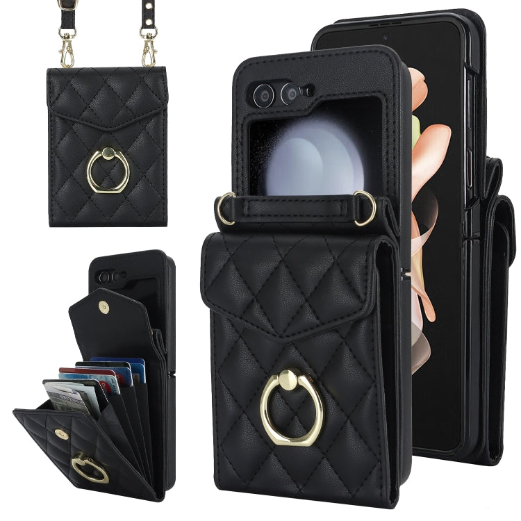 Diamond Lattice RFID Card Slot Phone Case with Ring Holder, For Samsung Galaxy Z Flip7 5G, For Samsung Galaxy Z Flip6 / Flip7 FE, For Samsung Galaxy Z Flip5