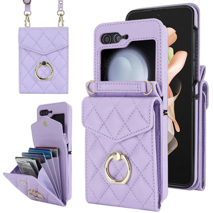 Diamond Lattice RFID Card Slot Phone Case with Ring Holder, For Samsung Galaxy Z Flip7 5G, For Samsung Galaxy Z Flip6 / Flip7 FE, For Samsung Galaxy Z Flip5