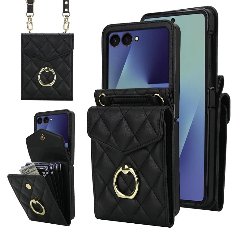 Diamond Lattice RFID Card Slot Phone Case with Ring Holder, For Samsung Galaxy Z Flip7 5G, For Samsung Galaxy Z Flip6 / Flip7 FE, For Samsung Galaxy Z Flip5