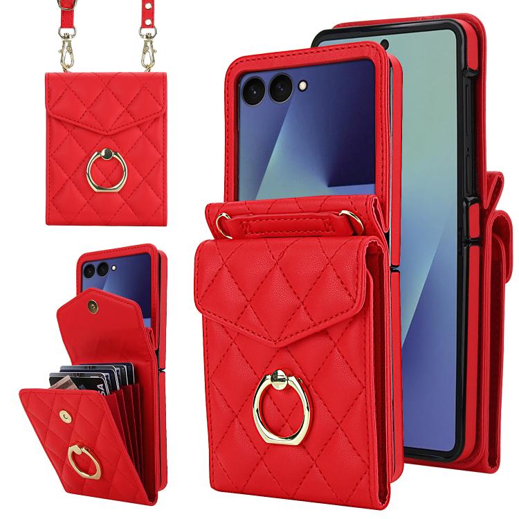 Diamond Lattice RFID Card Slot Phone Case with Ring Holder, For Samsung Galaxy Z Flip7 5G, For Samsung Galaxy Z Flip6 / Flip7 FE, For Samsung Galaxy Z Flip5