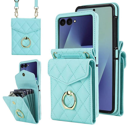 Diamond Lattice RFID Card Slot Phone Case with Ring Holder, For Samsung Galaxy Z Flip7 5G, For Samsung Galaxy Z Flip6 / Flip7 FE, For Samsung Galaxy Z Flip5