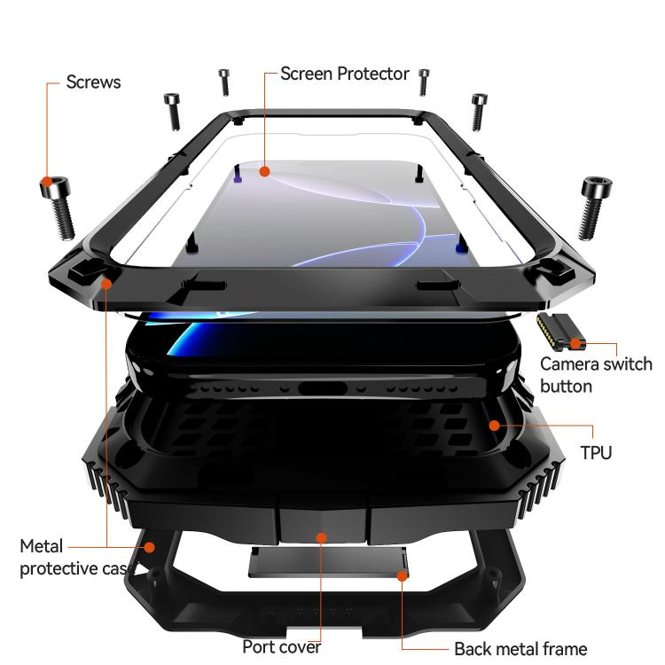 R-JUST Metal + Silicone + Tempered Glass Life Waterproof Phone Case with Holder