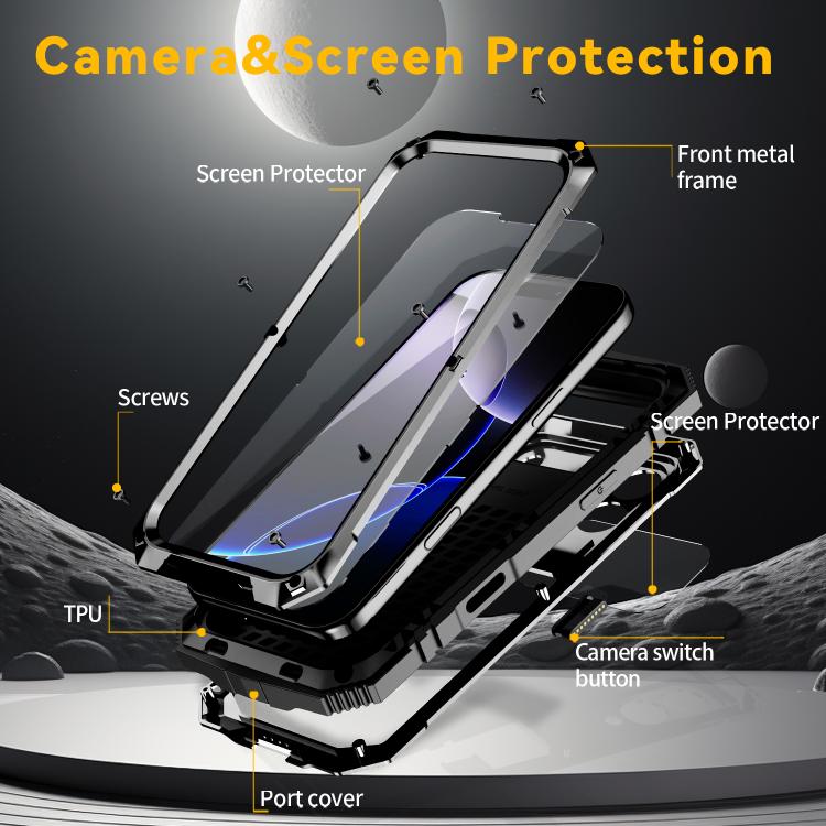 R-JUST Metal + Silicone + Tempered Glass Life Waterproof Phone Case with Holder