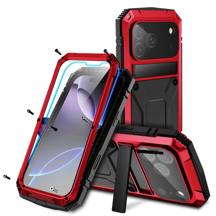 R-JUST Metal + Silicone + Tempered Glass Life Waterproof Phone Case with Holder