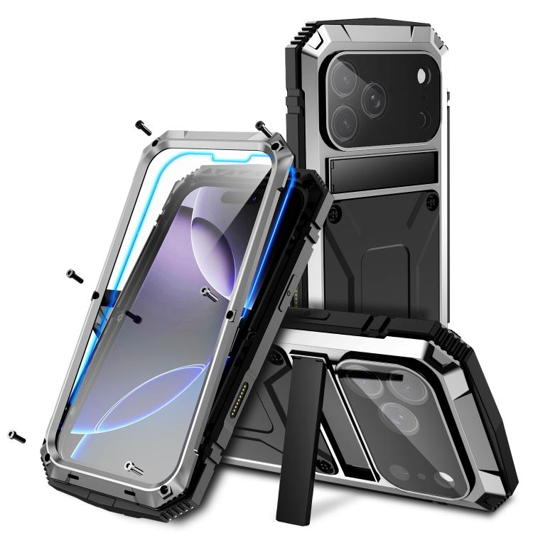 R-JUST Metal + Silicone + Tempered Glass Life Waterproof Phone Case with Holder