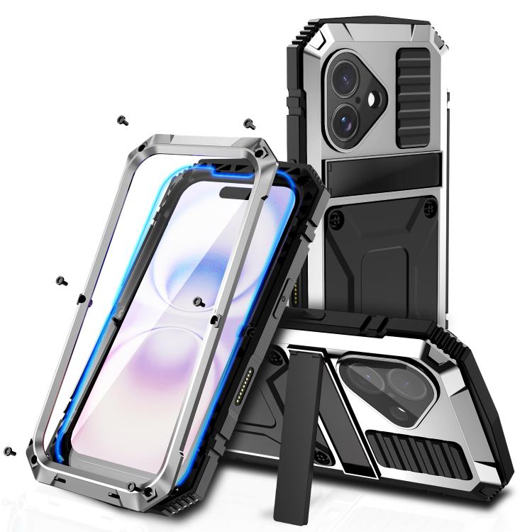R-JUST Metal + Silicone + Tempered Glass Life Waterproof Phone Case with Holder