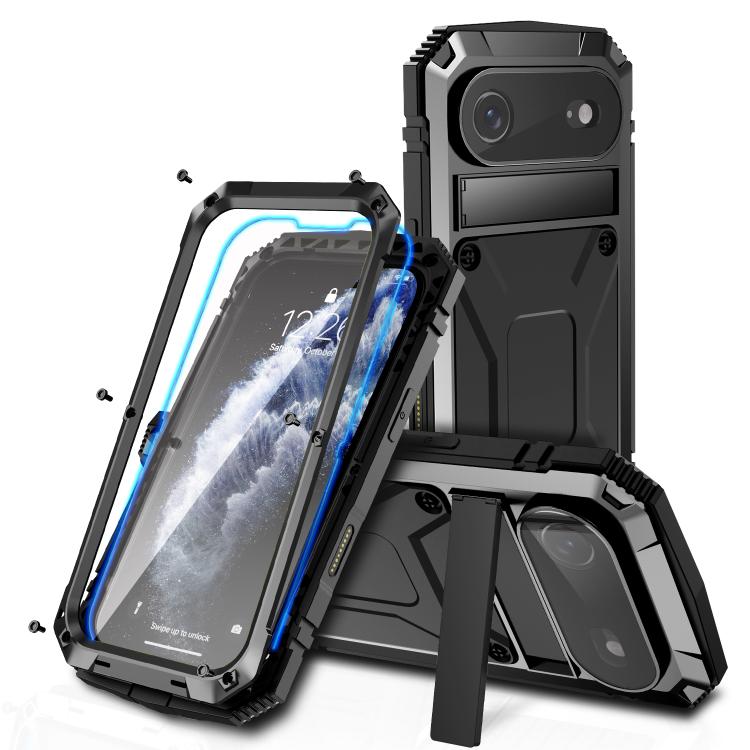 R-JUST Metal + Silicone + Tempered Glass Life Waterproof Phone Case with Holder
