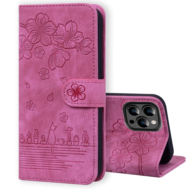 Cartoon Sakura Cat Embossed Leather Phone Case