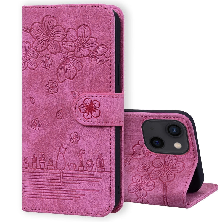 Cartoon Sakura Cat Embossed Leather Phone Case