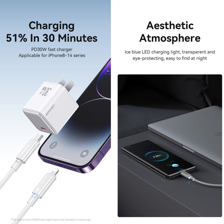 USAMS Type-C To 8 Pin Aluminum Alloy Clear LED 30W PD Fast Charge Data Cable, Length:1.2m