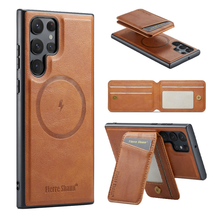 Fierre Shann Cowhide Vertical Flip Magnetic Card Holder Phone Case, For Samsung Galaxy S24+ 5G, For Samsung Galaxy S23 FE 5G, For Samsung Galaxy S23 Ultra 5G, For Samsung Galaxy S22 Ultra 5G, For Samsung Galaxy S22+ 5G, For Samsung Galaxy S22 5G
