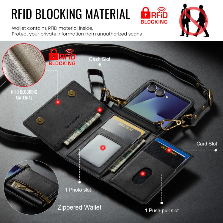 DG.MING M5 Series Zip RFID Multi Card Detachable Leather Phone Case with Long Lanyard