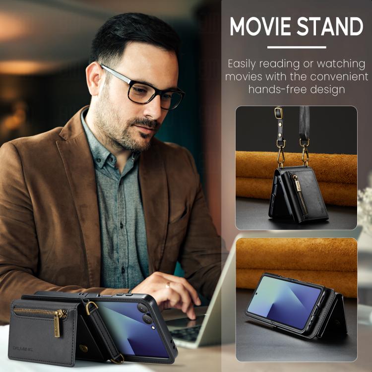 DG.MING M5 Series Zip RFID Multi Card Detachable Leather Phone Case with Long Lanyard