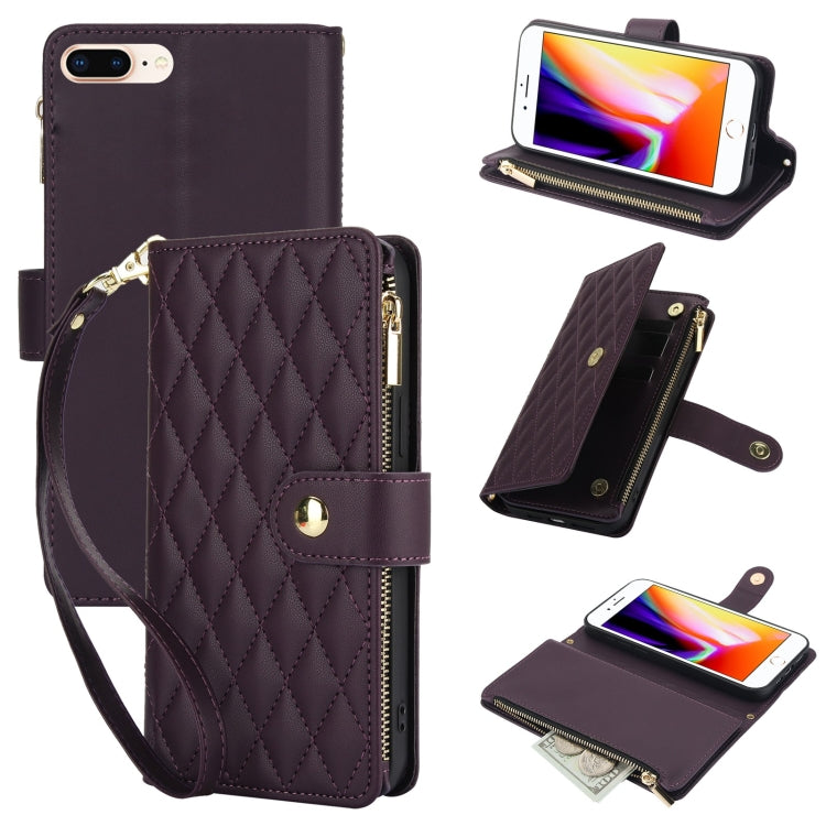 YM016 Rhombic Zipper Card Wallet Leather Phone Case with Lanyard