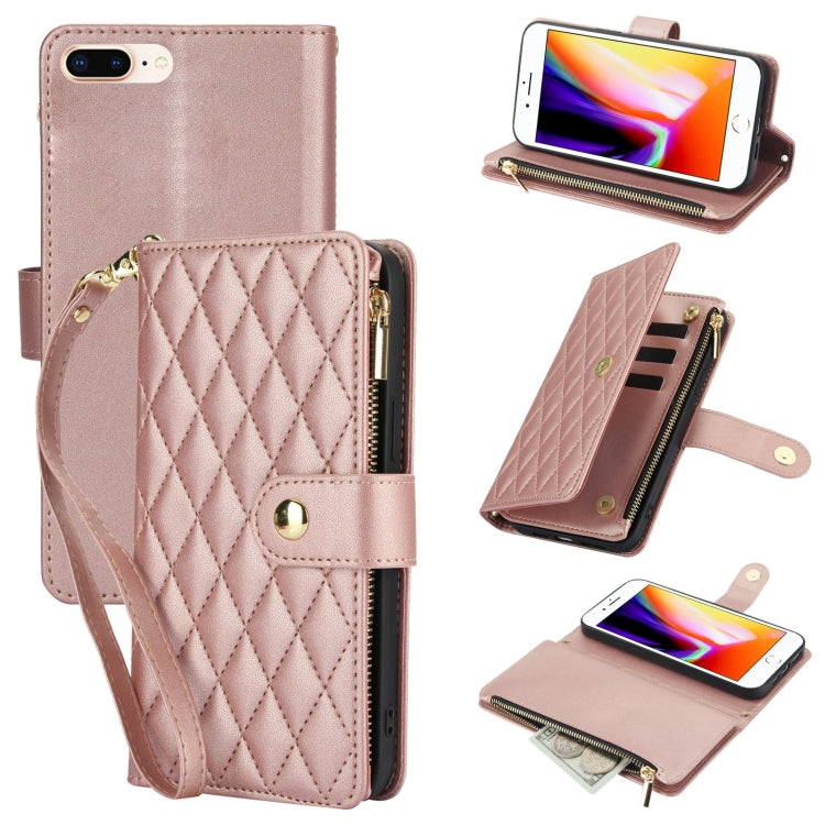 YM016 Rhombic Zipper Card Wallet Leather Phone Case with Lanyard