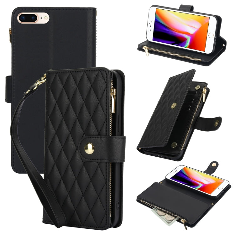 YM016 Rhombic Zipper Card Wallet Leather Phone Case with Lanyard