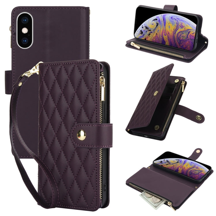 YM016 Rhombic Zipper Card Wallet Leather Phone Case with Lanyard