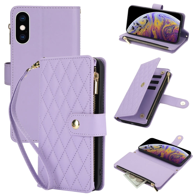 YM016 Rhombic Zipper Card Wallet Leather Phone Case with Lanyard