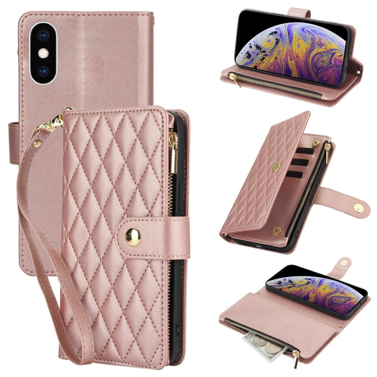 YM016 Rhombic Zipper Card Wallet Leather Phone Case with Lanyard