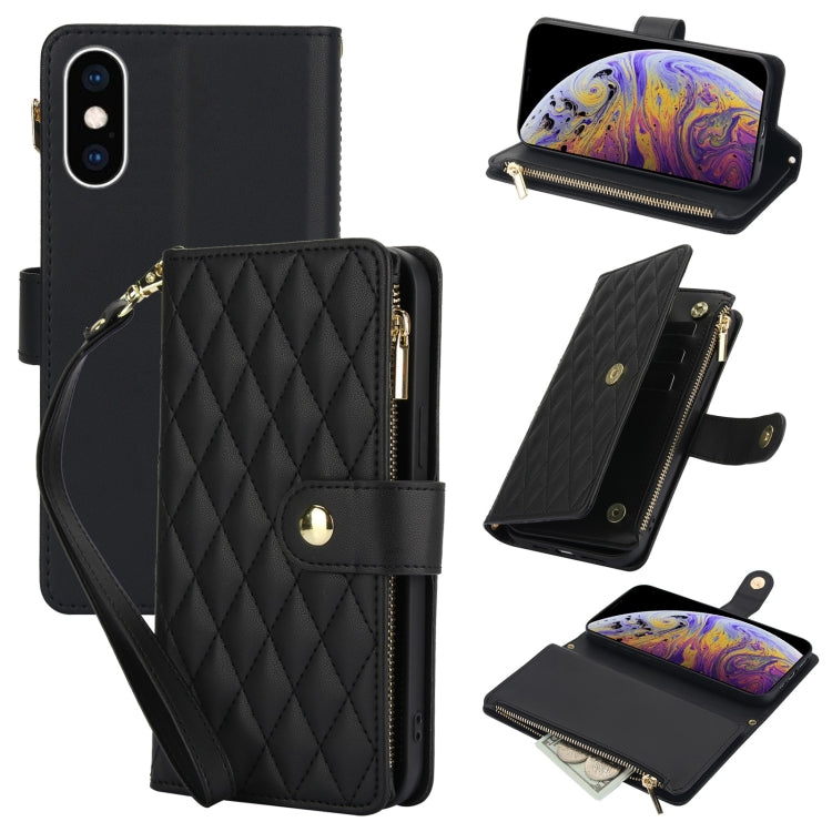YM016 Rhombic Zipper Card Wallet Leather Phone Case with Lanyard