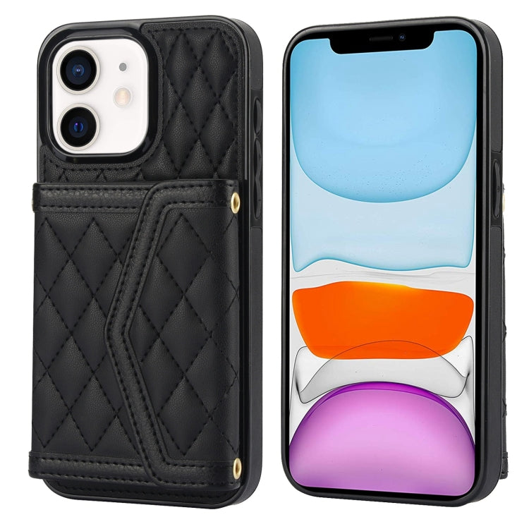 Splicing Rhombic Texture Card Bag Phone Case with Long Lanyard