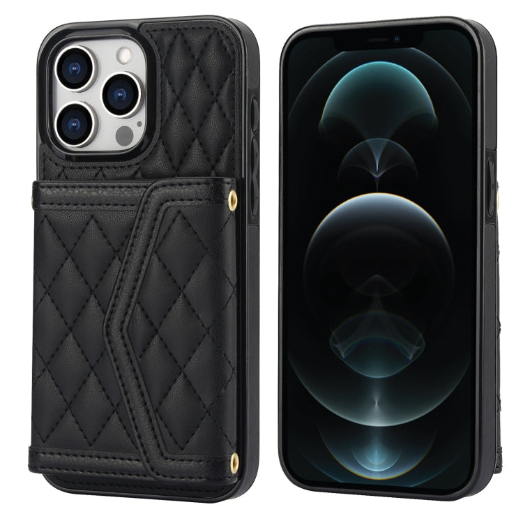 Splicing Rhombic Texture Card Bag Phone Case with Long Lanyard